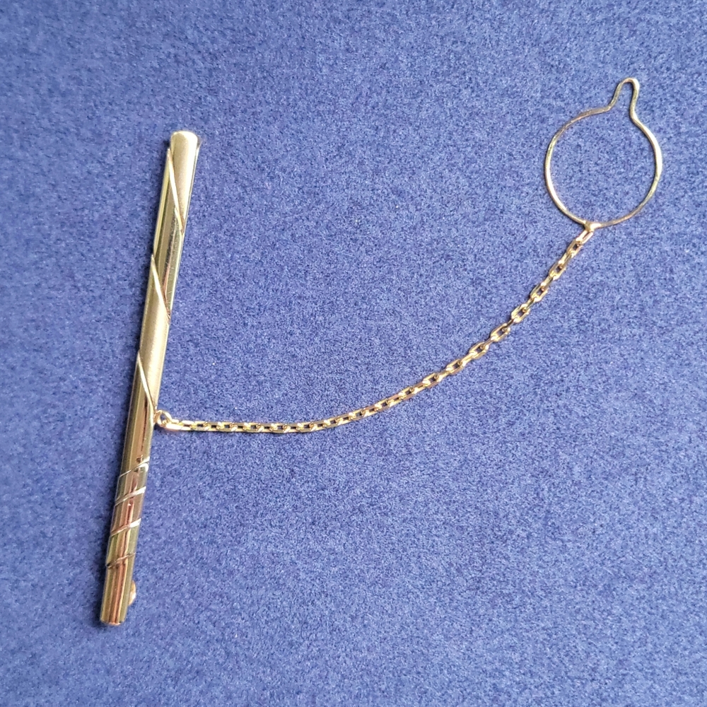 Vintage Alnur 585/14k Gold Tie Bar Clip w/Safety Chain Necktie Accessory